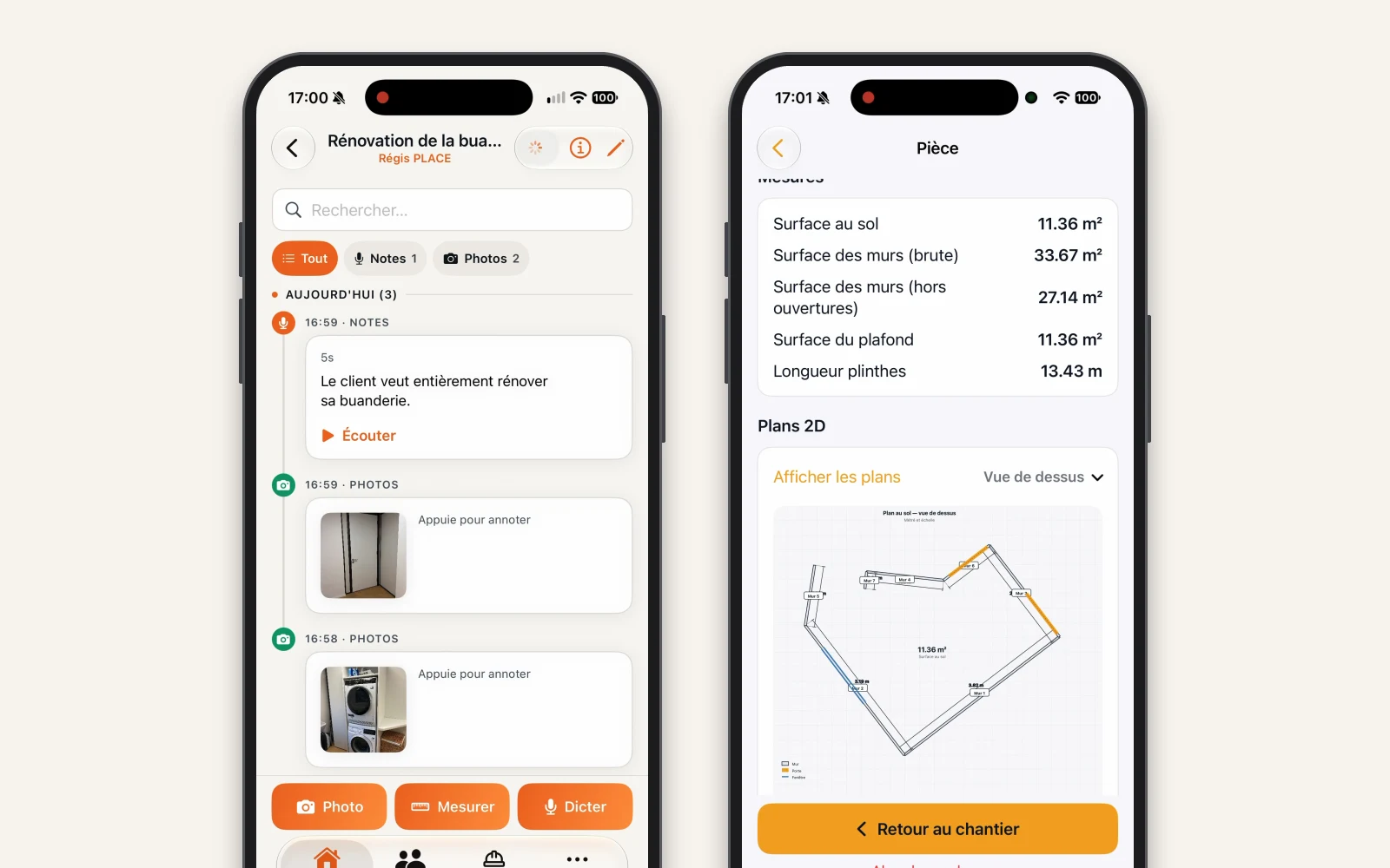 Sur iPhone : la note dictée et sa transcription, puis les surfaces relevées par le scan.