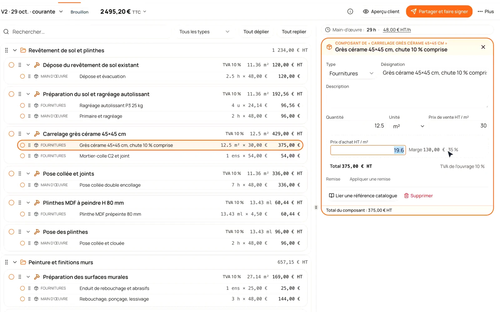 Devis préparé ouvrage par ouvrage : coût, prix de vente et marge de chaque ligne.