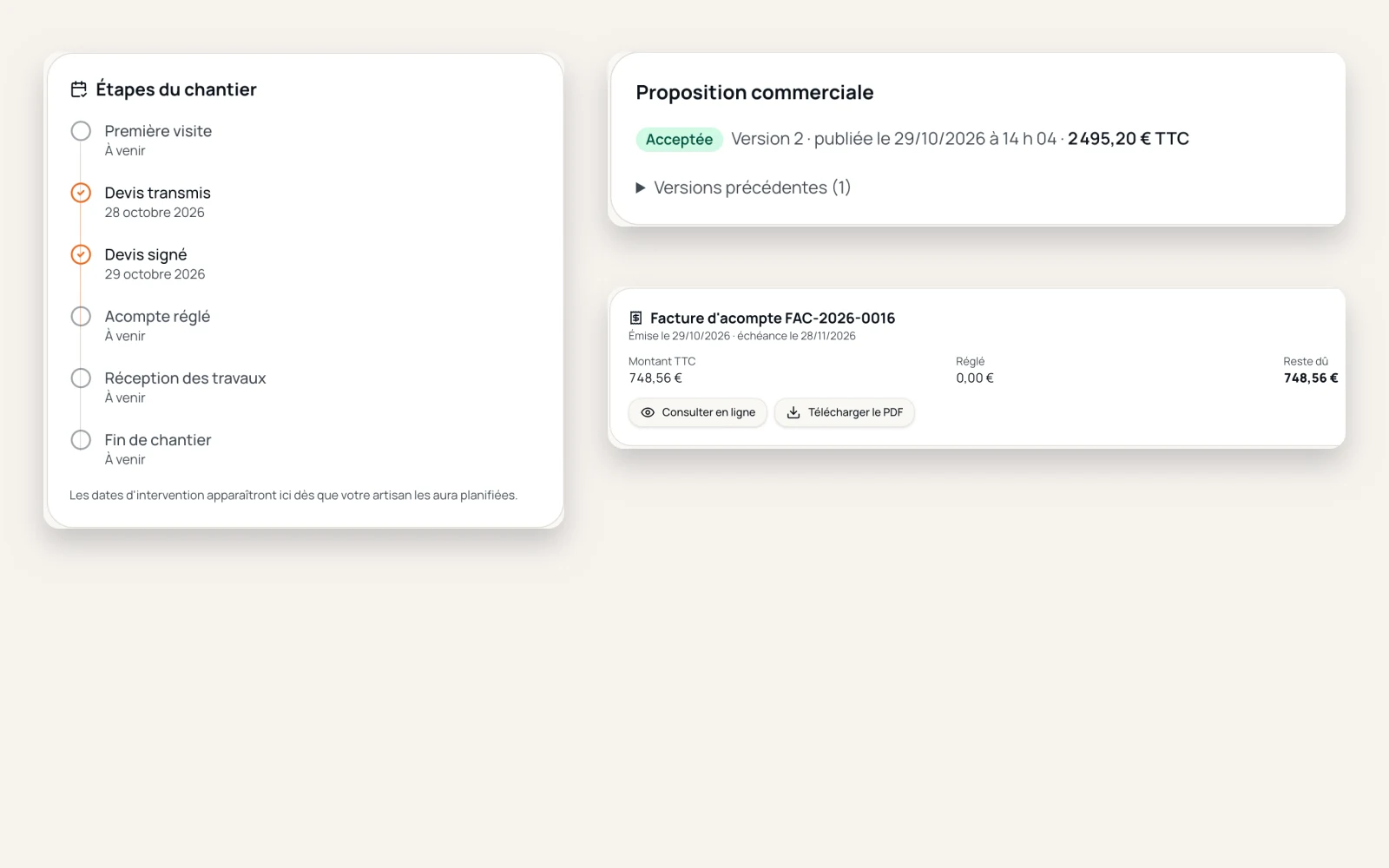 Côté client : étapes du chantier, proposition acceptée et facture d'acompte.